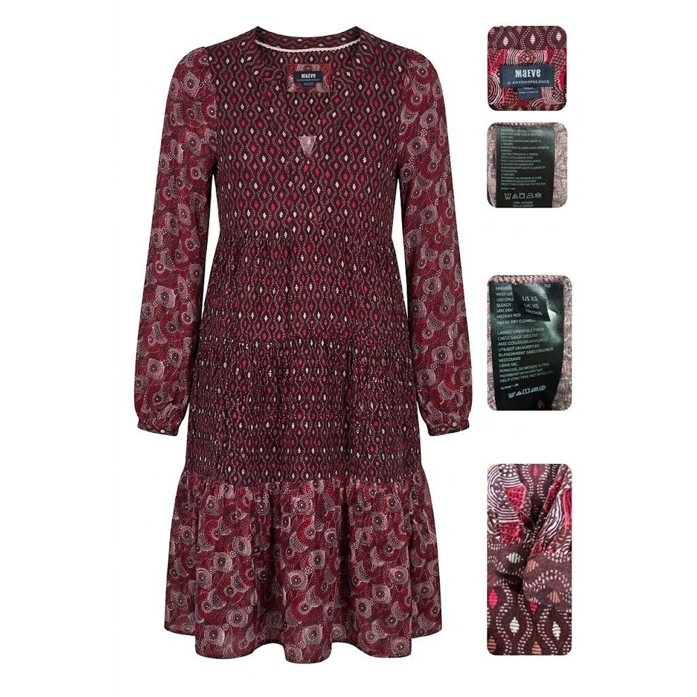 Maeve Anthropologie Womens XS Dress Boho Mixed Print Long Sleeve Tiered Swing